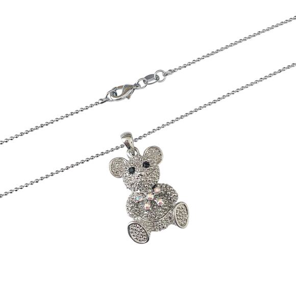 NWT 18" Silver Plated Chain and Crystal Bow Teddy Bear Necklace - Picture 1 of 1